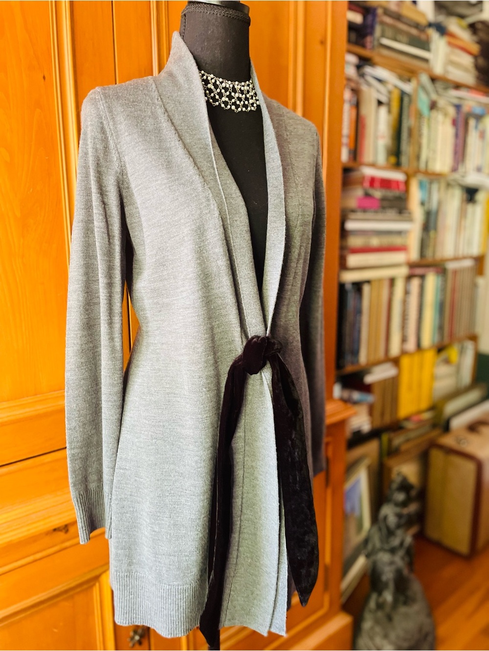 Talbots Pure Wool Gray Open-Front Knit Cardigan with Velvet Tie